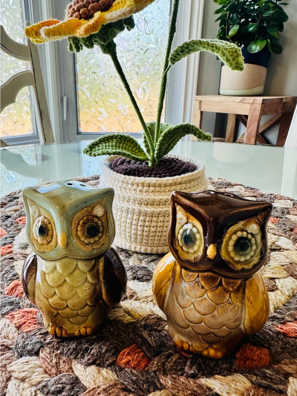 Vintage (1970) Ceramic Owl Salt & Pepper Shakers - Brown & Olive